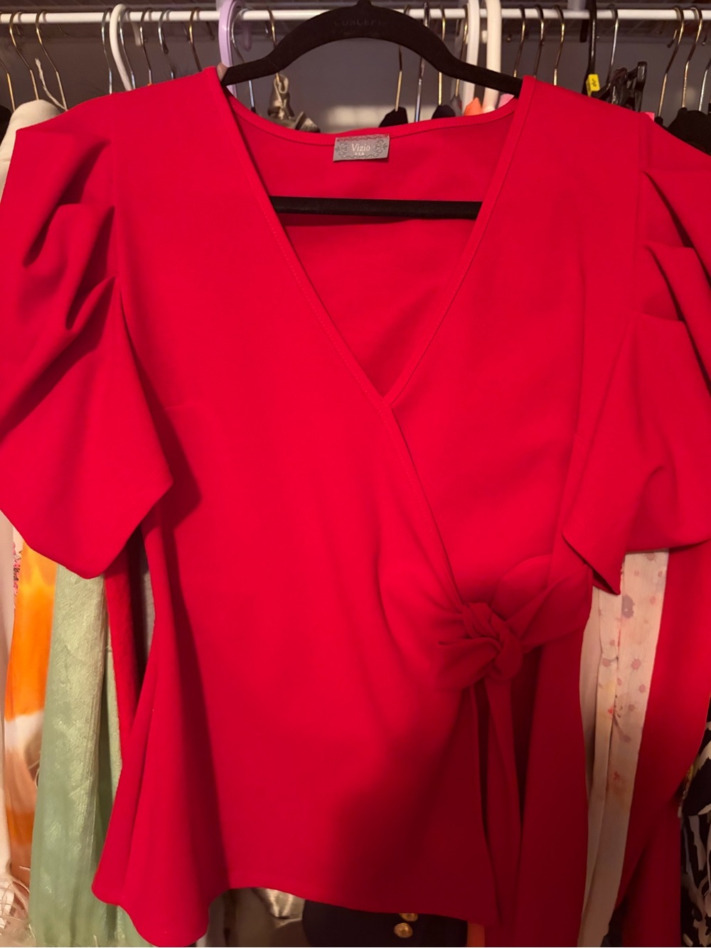 Vizio Red Wrap Knot Blouse with Puff Sleeves